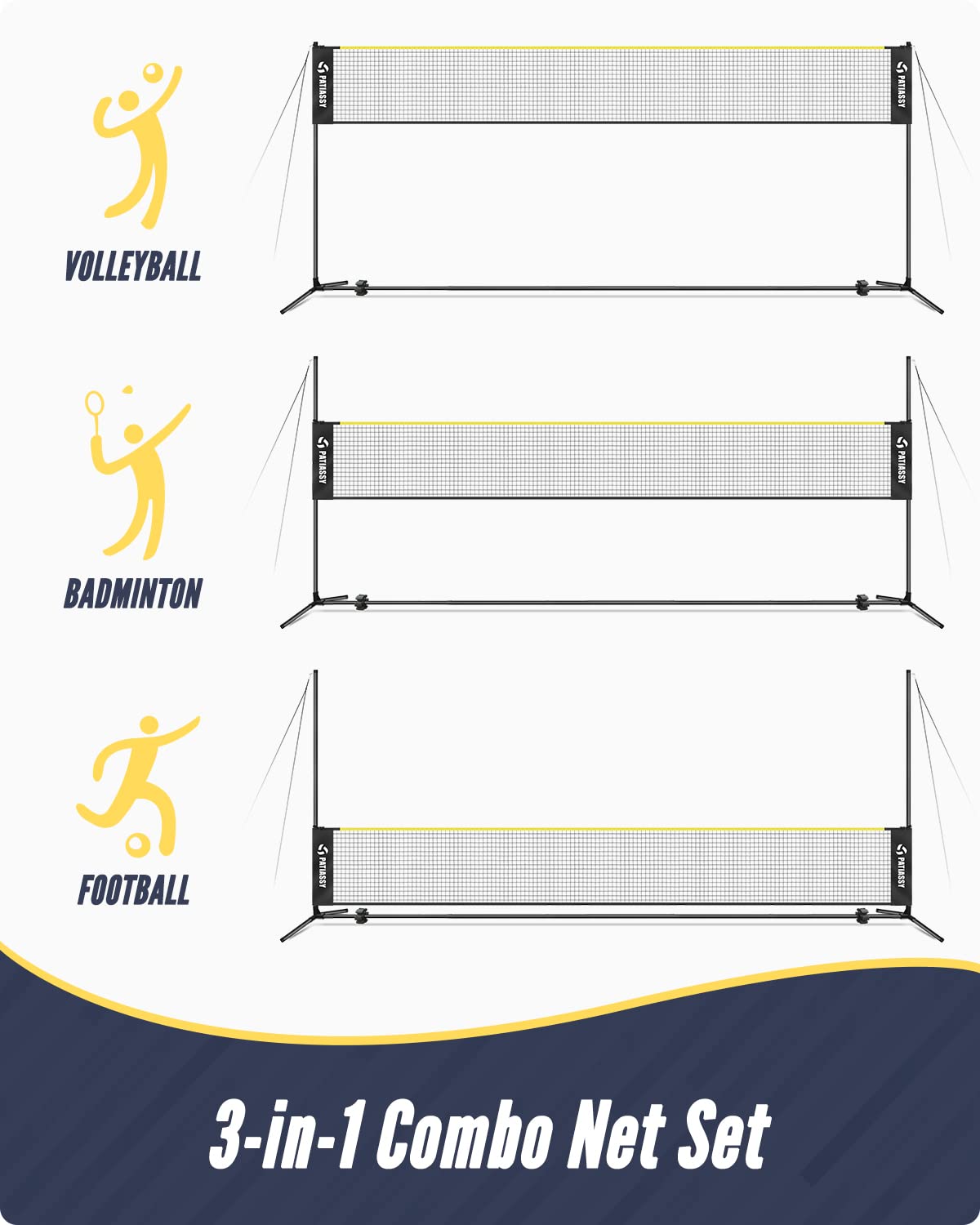 Patiassy 5.1Ft-7.4Ft Adjustable Height Volleyball Badminton Net Set 17Ft Portable Sports Net With Poles, 4 Badminton Rackets, 3