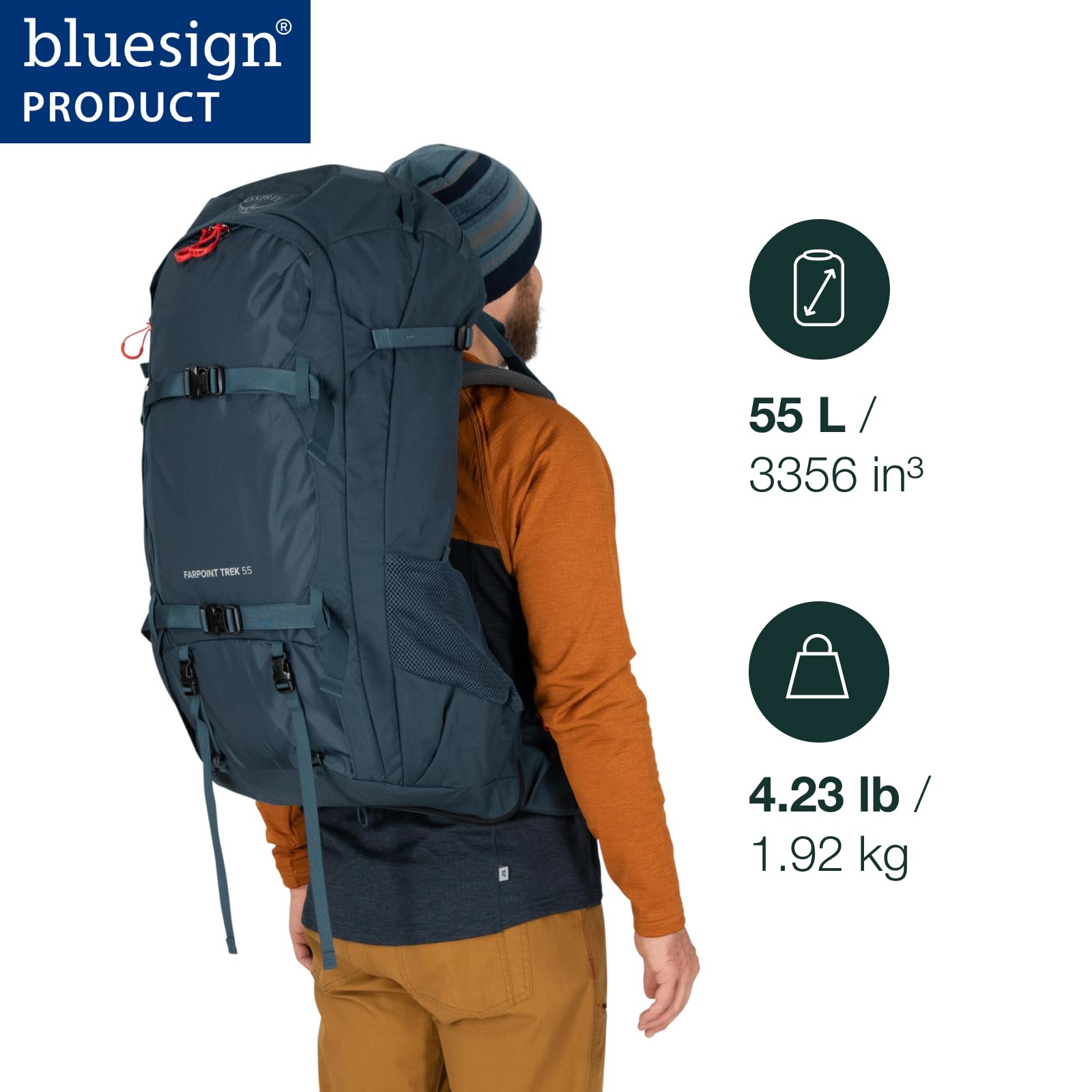 Osprey Farpoint Trek 55L Mens Travel Backpack, Muted Space Blue, One Size