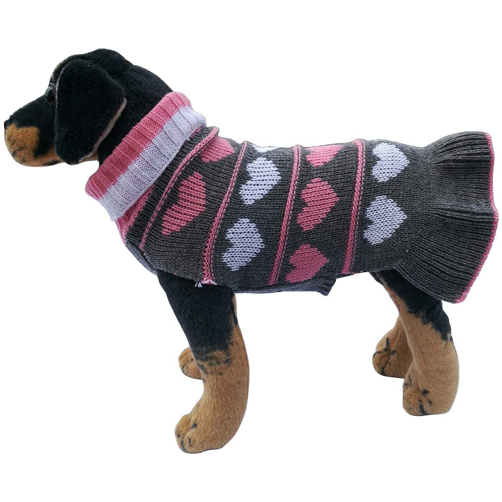 Jecikelon Pet Dog Long Sweaters Dress Knitwear Turtleneck Pullover Warm Winter Puppy Sweater Long Dresses (Grey Heart, X-Small)
