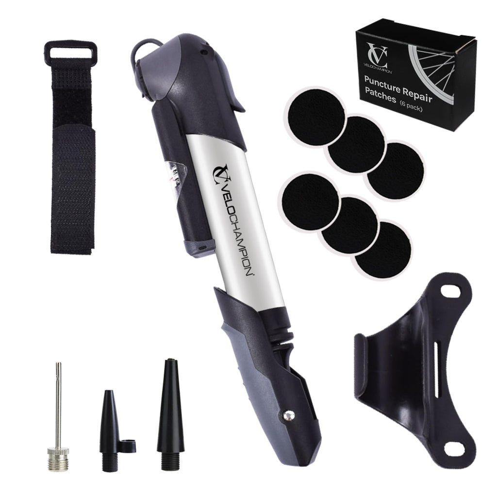 Velochampion Alloy 9 Mini Bicycle Pump With Gauge 120 Psi - Portable Bike Pump Includes Mount Kit, 6 Glueless Patches And Inflat
