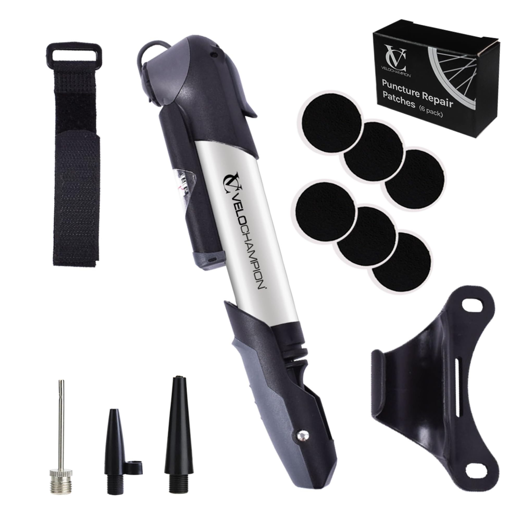 Velochampion Alloy 9 Mini Bicycle Pump With Gauge 120 Psi - Portable Bike Pump Includes Mount Kit, 6 Glueless Patches And Inflat