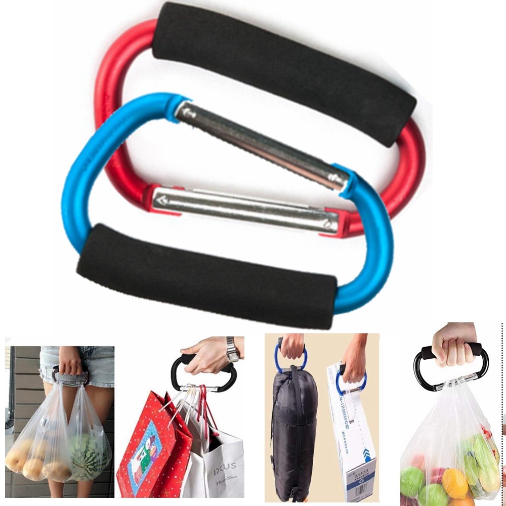 2X Carabiner Hook - 5.4'' Large Aluminum D-Style Carry Handle With Sponge For Shopping Bags Handbag Tote Stroller Carrying