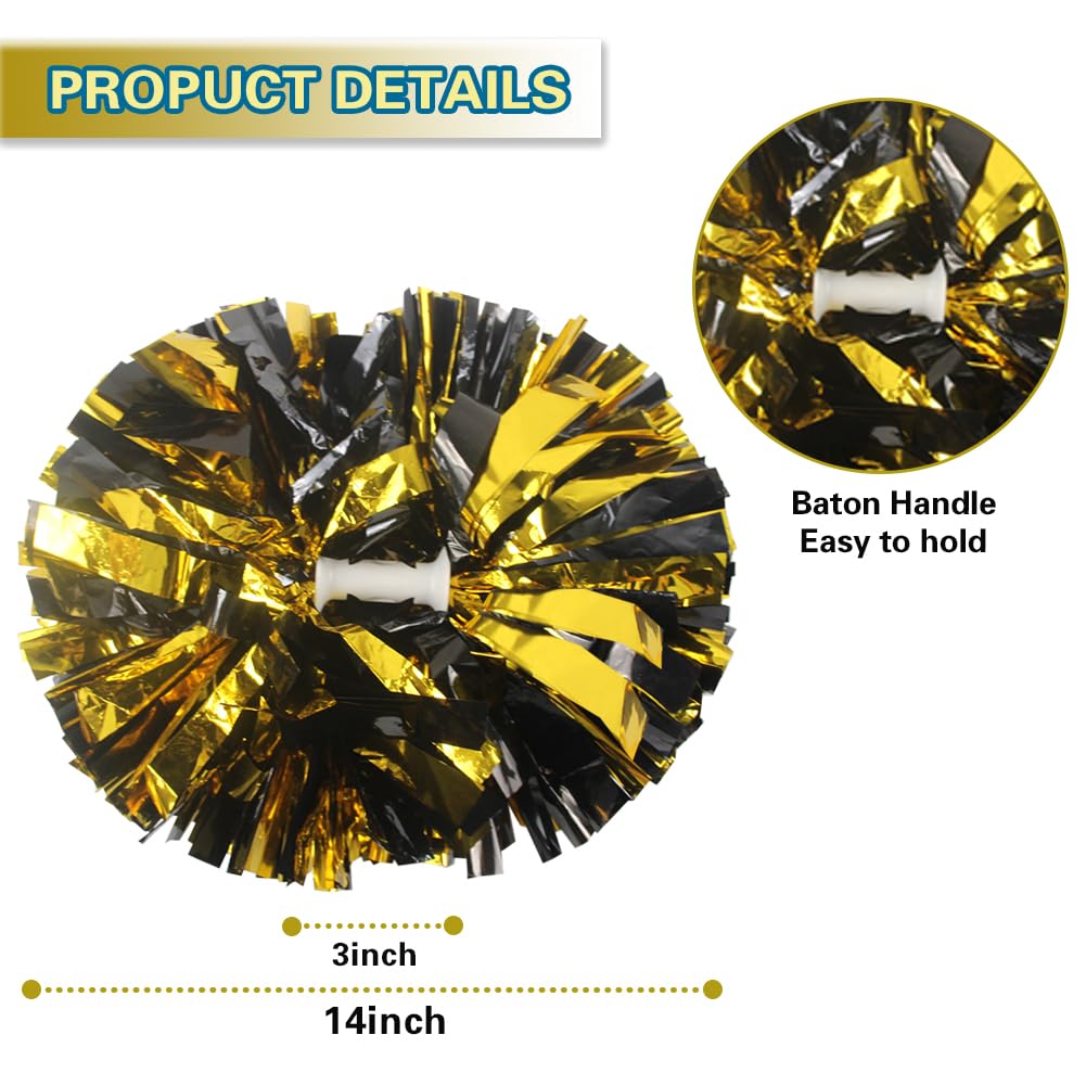 Lovecheer 2Pcs Pom Poms Cheerleading Gold And Black Metallic Cheer Pom Poms With Baton Handle For Sports Team Spirit Party Cheer