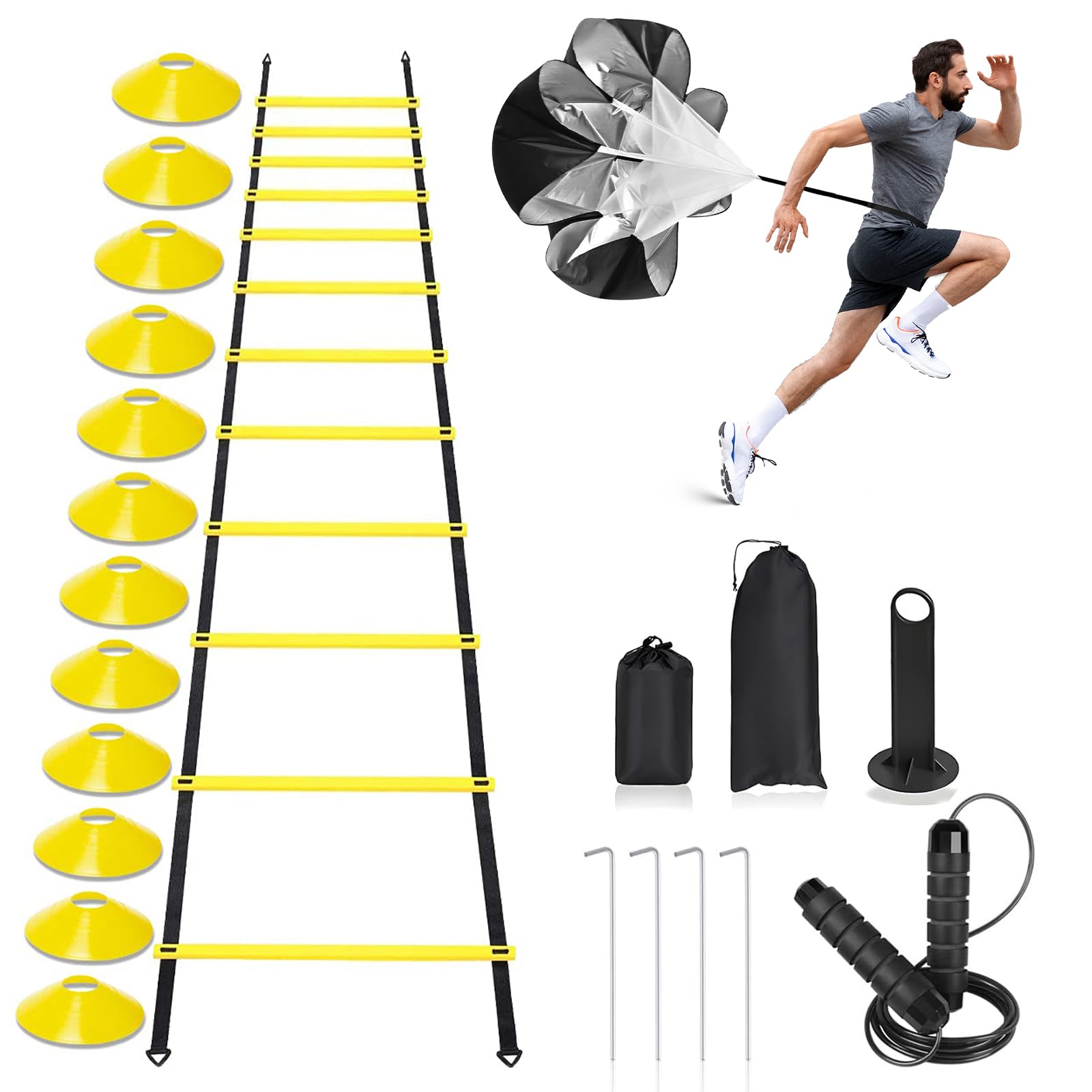 Agility Ladder,Speed Training Equipment Set,20Ft Rungs Speed Ladder,Soccer Cones,Jump Rope, Running Resistance Umbrella,Basketba