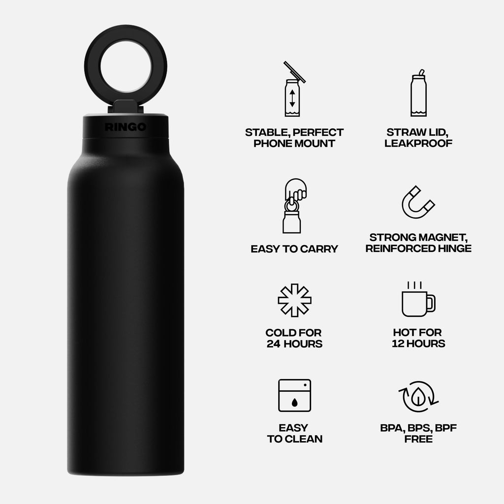 Ringo PRO Water Bottle with Magnetic Phone Mount & Sip Straw Lid - Insulated Stainless Steel Bottle for Workouts, Content Creati