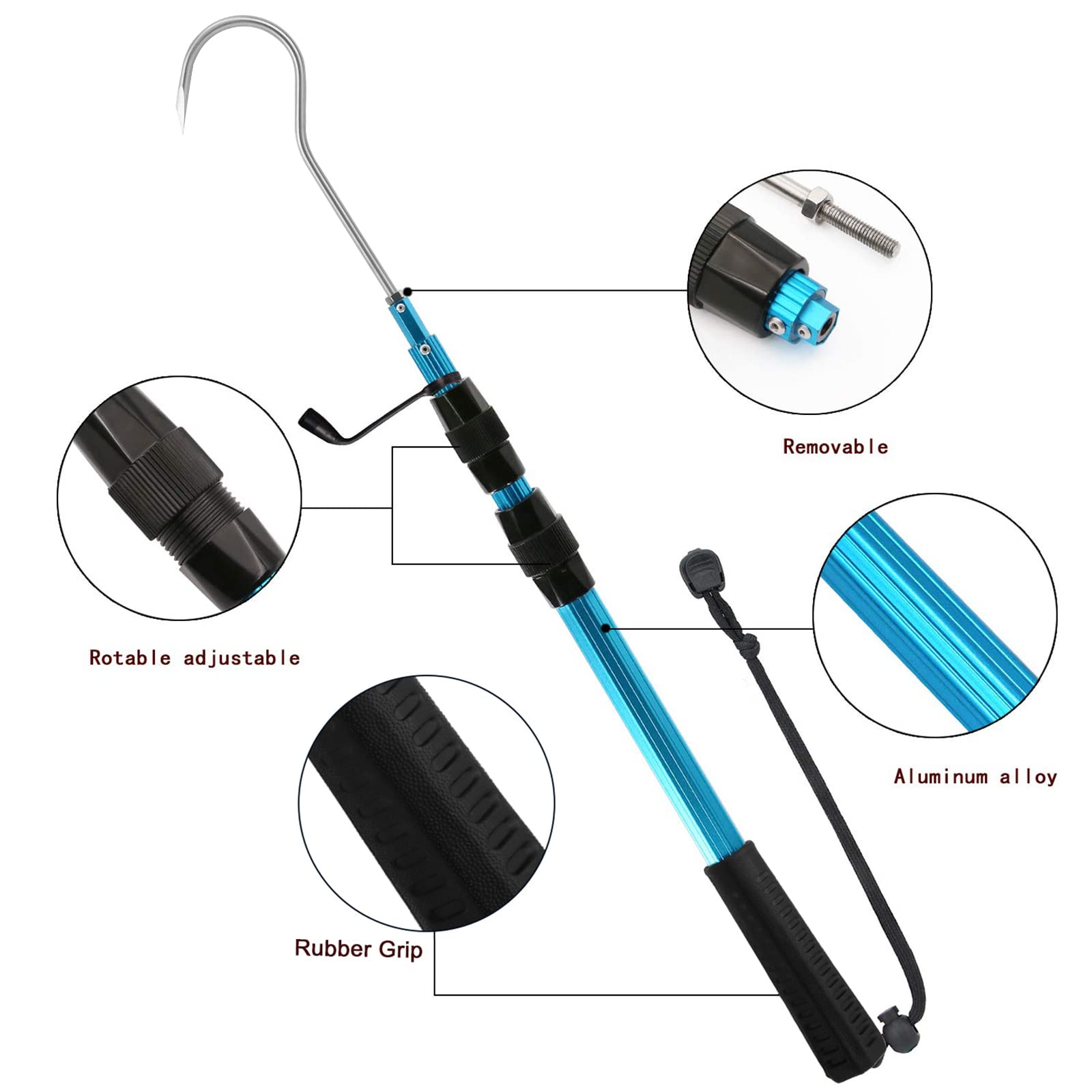 Sanlike Telescopic Fish Gaff With Stainless Sea Fishing Spear Hook Tackle, Soft Rubber Handle Aluminium Alloy Pole For Saltwater