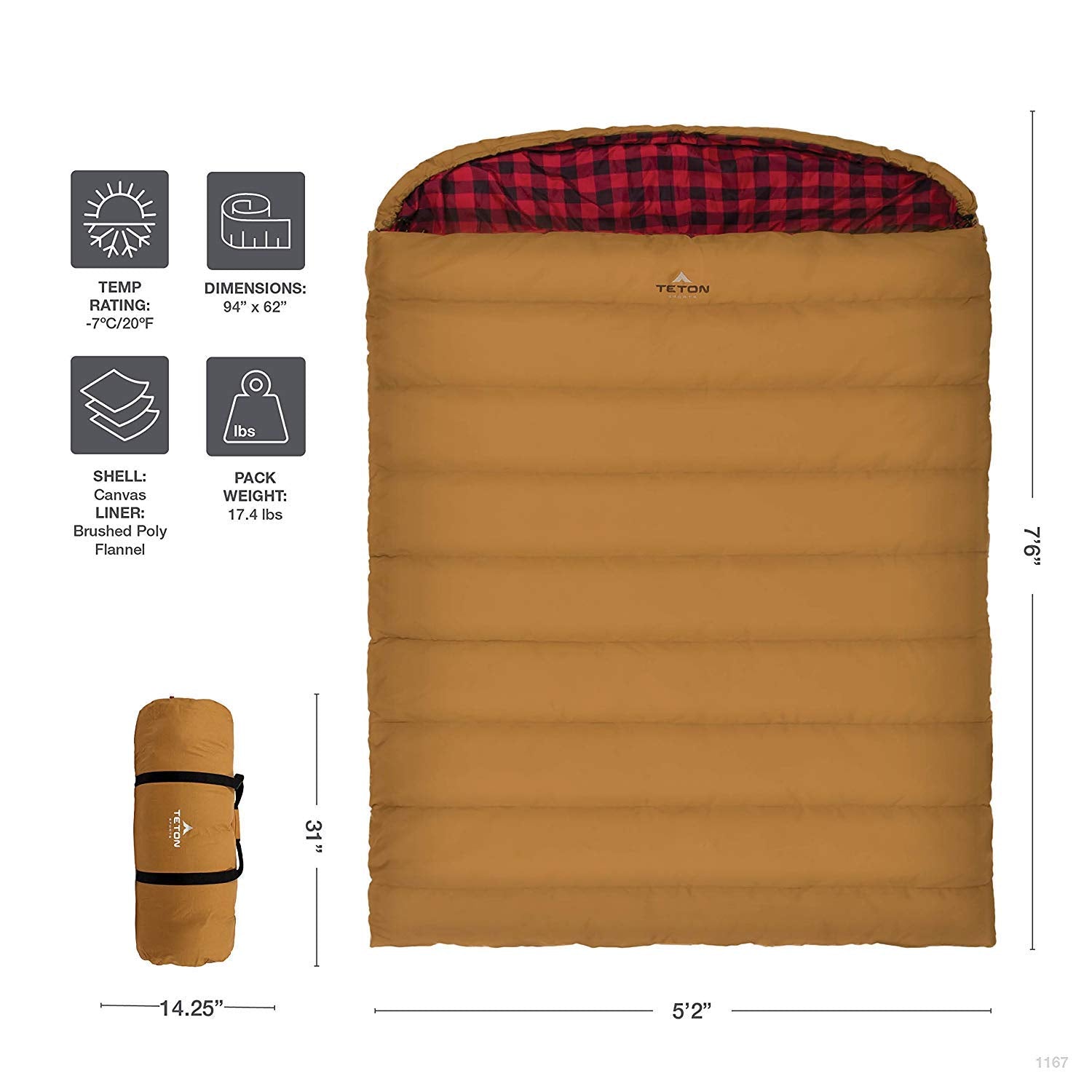 Teton Sports Canvas Mammoth Queen-Size Double Sleeping Bag; Warm And Comfortable For Family Camping , Brown Canvas, 94'' X 62''