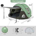 Hewolf 3-4 Person Pop Up Tents For Camping Easy Set Up Pop Up Tent Waterproof Portable Tent Automatic Setup With 2 Bigs Doors Fa