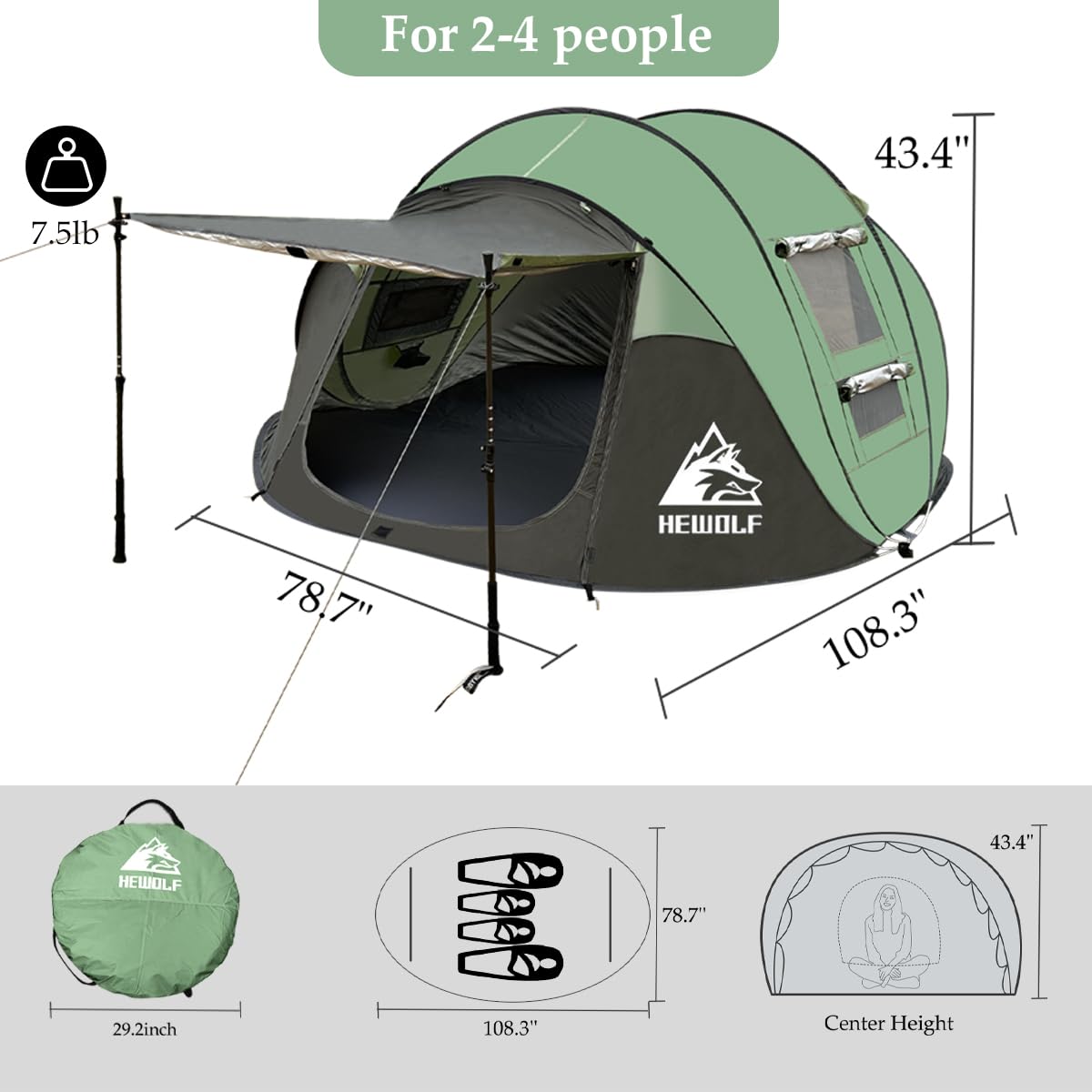 Hewolf 3-4 Person Pop Up Tents For Camping Easy Set Up Pop Up Tent Waterproof Portable Tent Automatic Setup With 2 Bigs Doors Fa