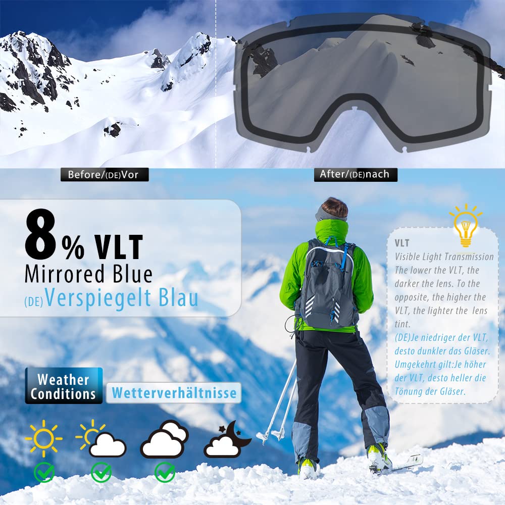 Zabert Ski Snow Snowboard Goggles For Men Women Youth, Over Glasses Otg Anti-Fog For Skiing Snowboarding Snowmobile,White Blue M