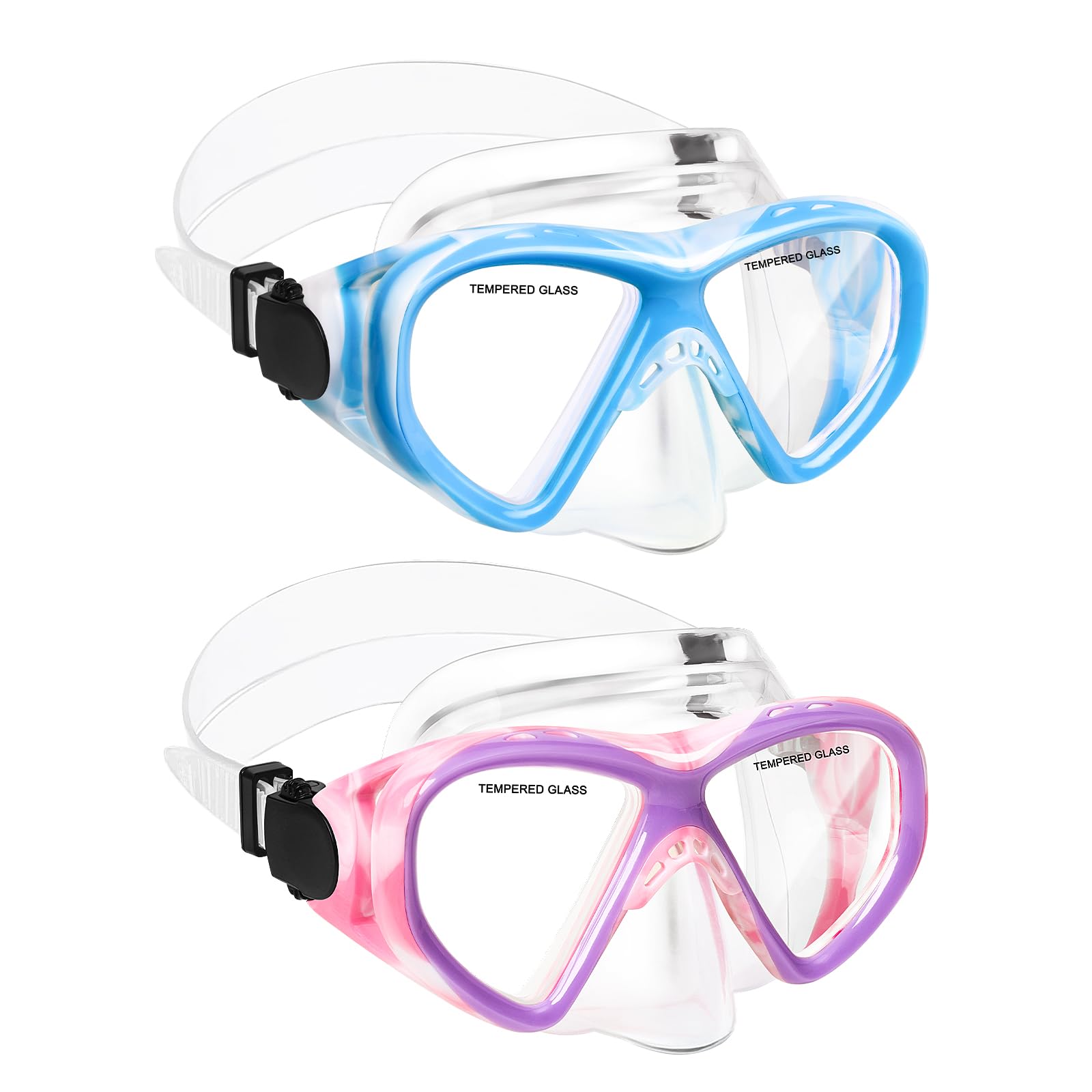 ACQCES Kids Swim Goggles Snorkel Diving Mask for Boys Girls Ages 5-15, Two-Color Anti-Fog Swimming Goggles with Nose Cover (2PCS