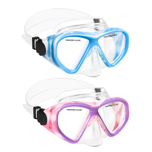 ACQCES Kids Swim Goggles Snorkel Diving Mask for Boys Girls Ages 5-15, Two-Color Anti-Fog Swimming Goggles with Nose Cover (2PCS