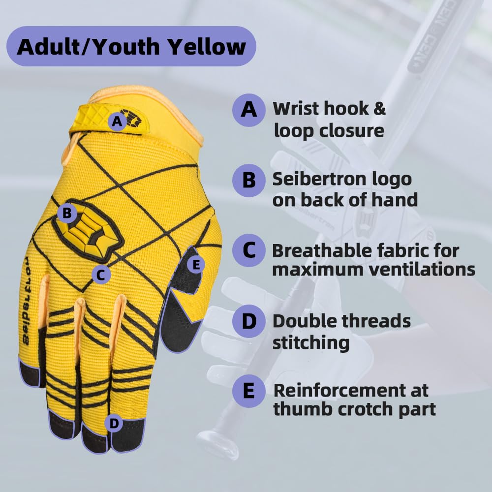 Seibertron B-A-R Pro 2.0 Signature Baseball/Softball Batting Gloves Super Grip Finger Fit For Youth Yellow L