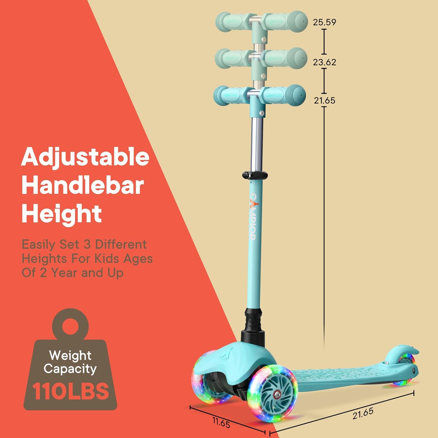 Teal Mini 3 Wheel Scooter for Kids - Lean-to-Steer Kick with LED Light-Up Wheels, Adjustable Handlebar, Wide Anti-Slip Deck, Smo