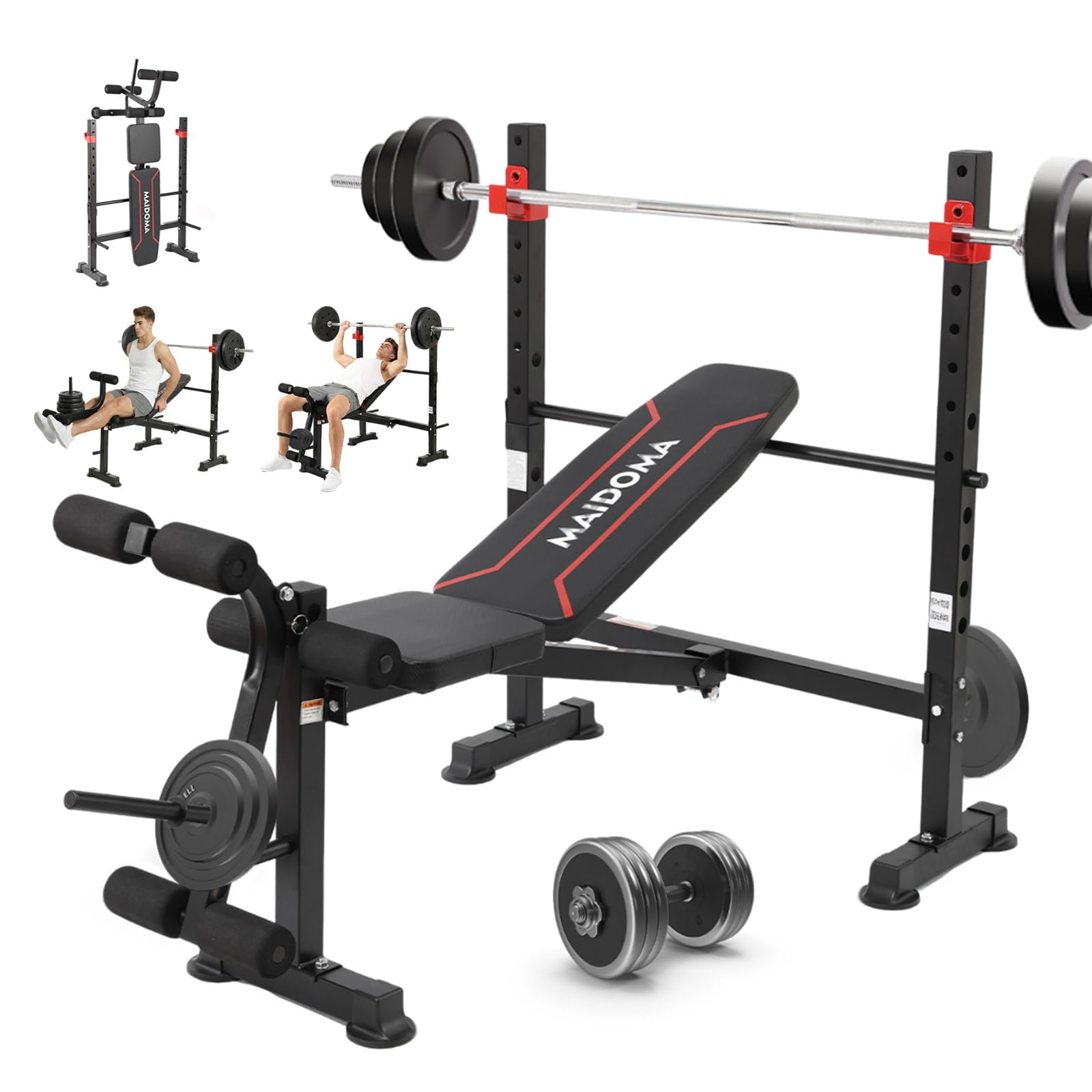 Foldable 750LBS Weight Bench with Leg Extension and Squat Rack, Adjustable Flat Incline Decline Bench Press for Full Body Workou