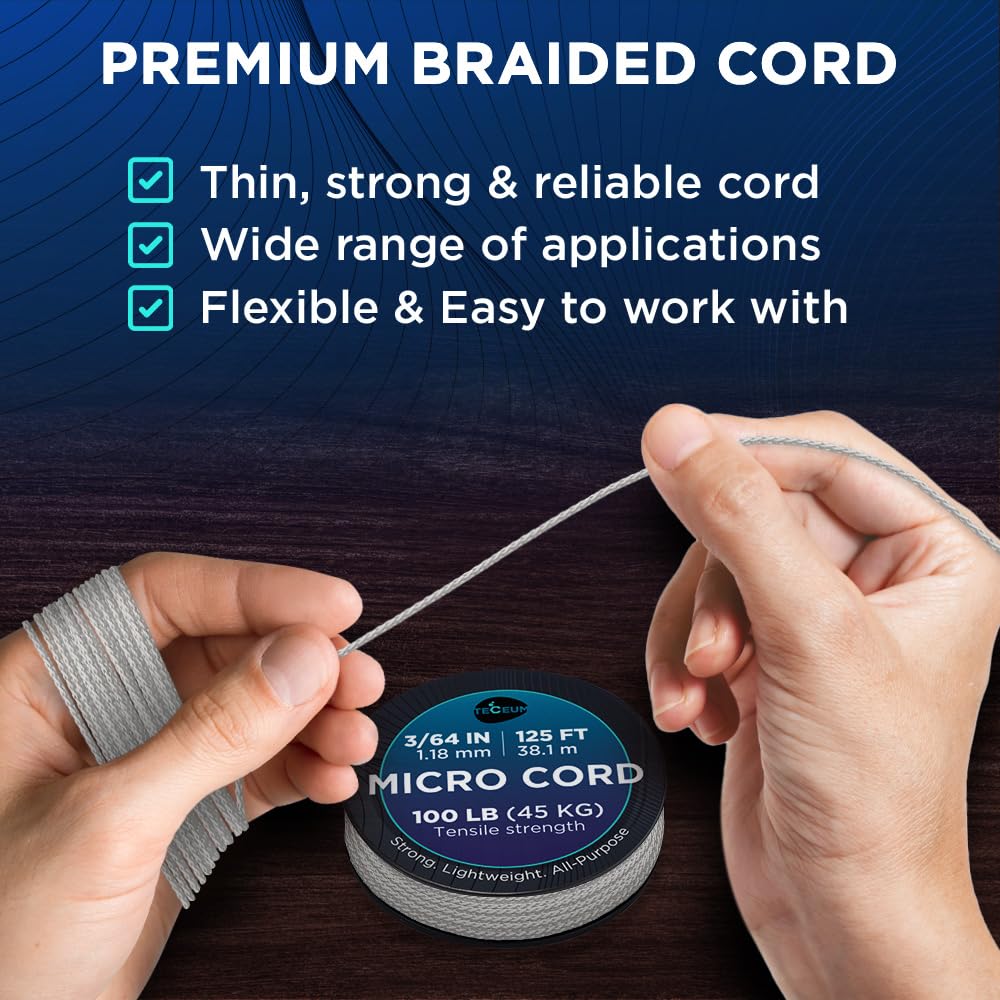 Teceum Micro Paracord - Silver Gray - 1.18 Mm X 125 Ft - Micro Utility Cord - Thin Braided Paracord Rope Nylon Polyester - Wind
