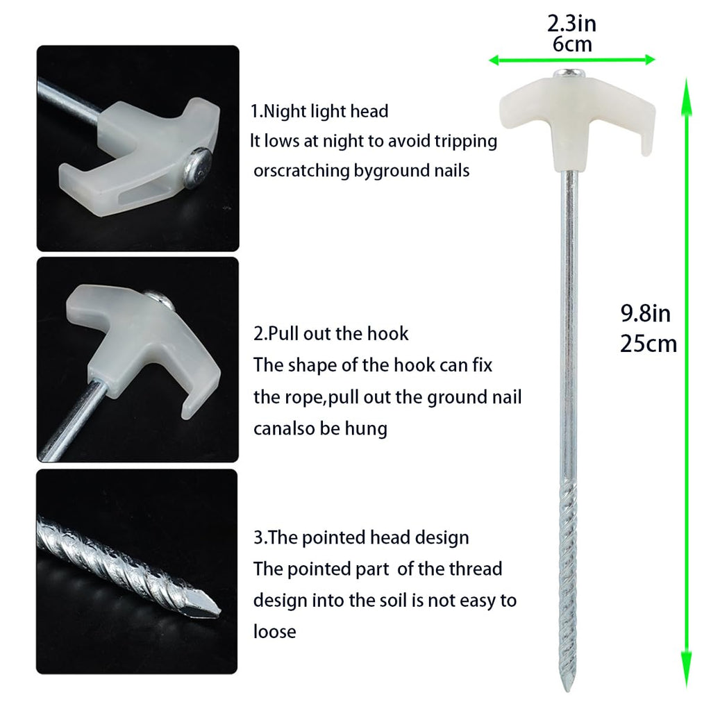 Tent Pile, 9.8 ''Heavy-Duty Luminous Canopy Camping Pop-Up Tent Pile, Rope Adjuster Storage Bag, Heavy-Duty Metal Pile For Garde
