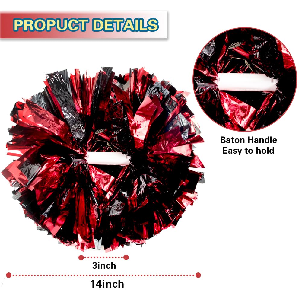 Lovecheer 2Pcs Pom Poms Cheerleading Metallic Black And Red Cheer Pom Poms With Baton Handle For Sports Team Spirit Dance Party