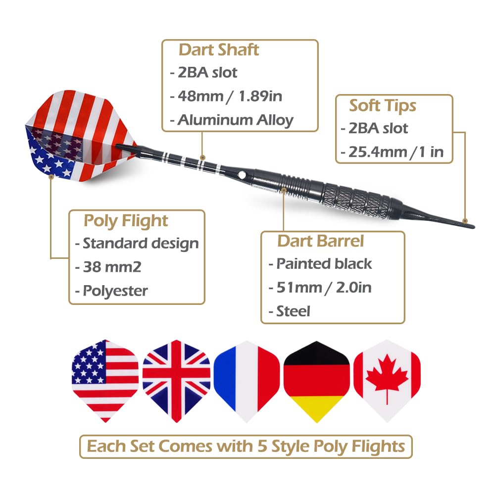 Wolftop 12 Pack Soft Tip Darts - Plastic Tip Darts 18 Grams With 100 Extra Dart Tips, 15 Flights, Dart Flight Protector, Aluminu