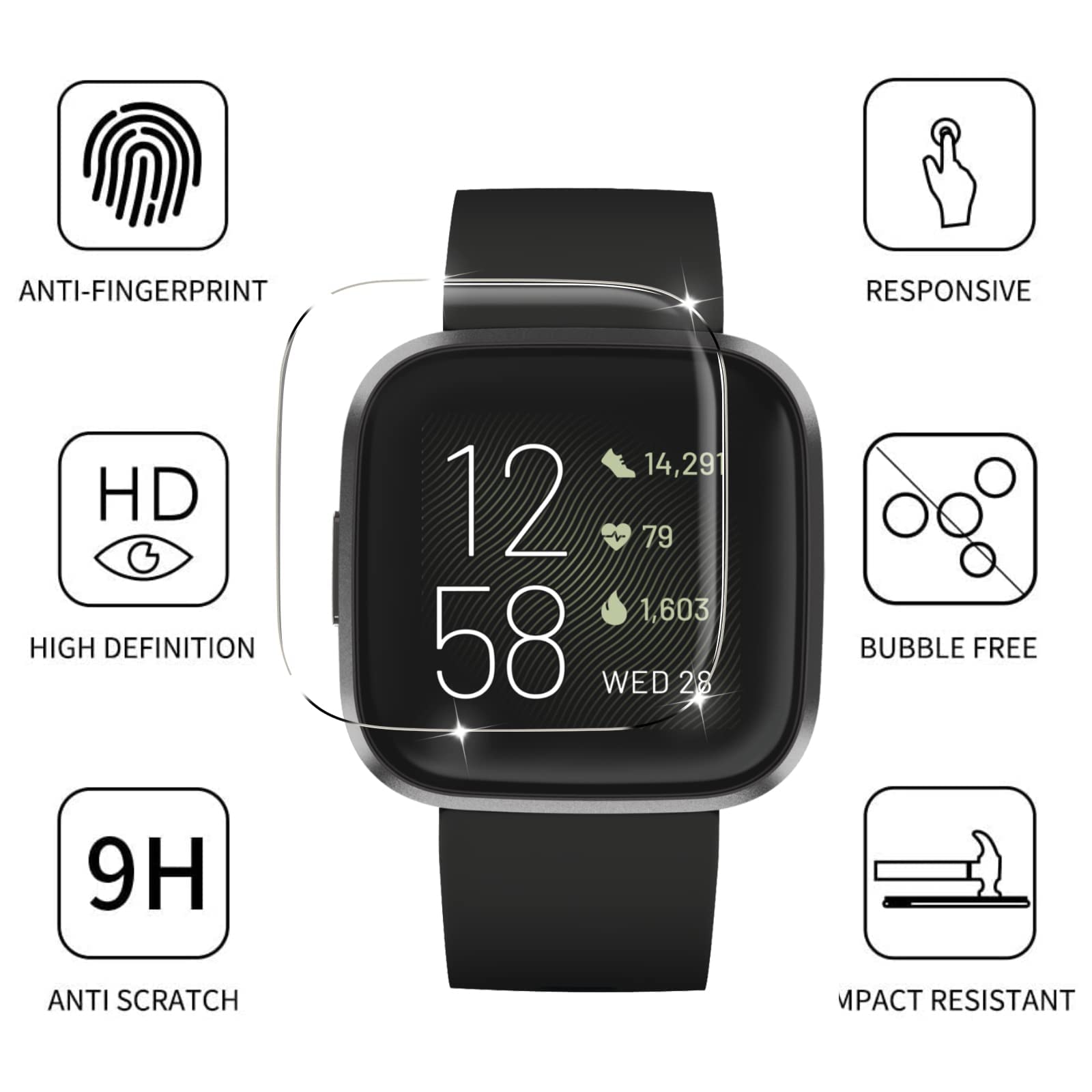 5 Pack] Compatible For Fitbit Versa 2 Tempered Glass Screen Protector, Ymhml Waterproof 9H Hardness Crystal Clear No-Bubble] Ant