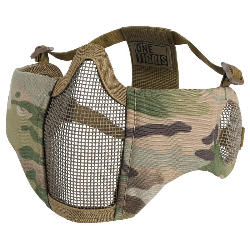 Onetigris 6'' Foldable Half Face Mesh Mask With Ear Protection, Tactical Lower Face Protective Mask (Camo Color)