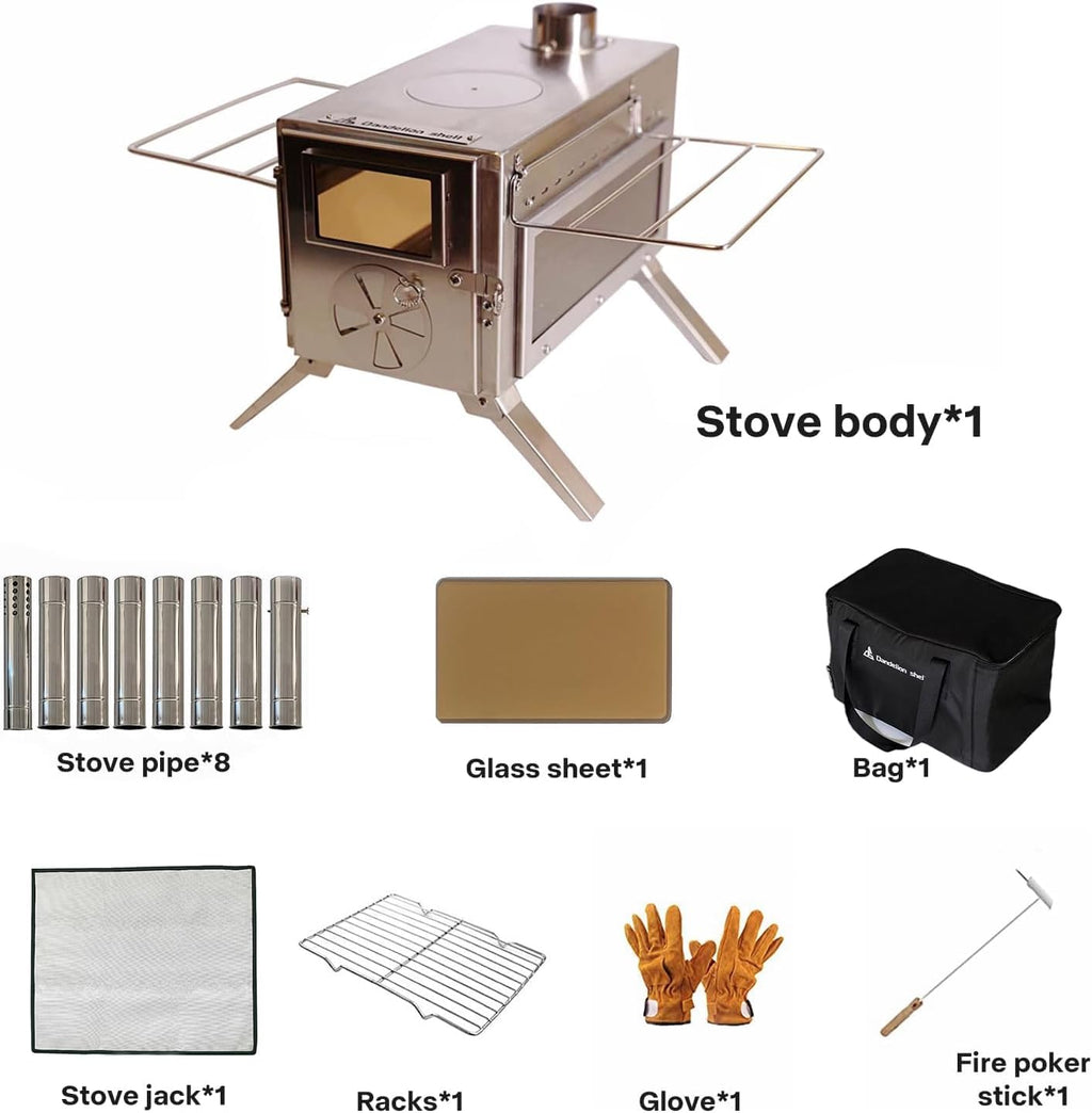 Wood Stove, Camping Wood Stove Include View Glass, Portable Wood Stove With 7 Stainless Steel Insulated Chimneys For Shelter, Hu