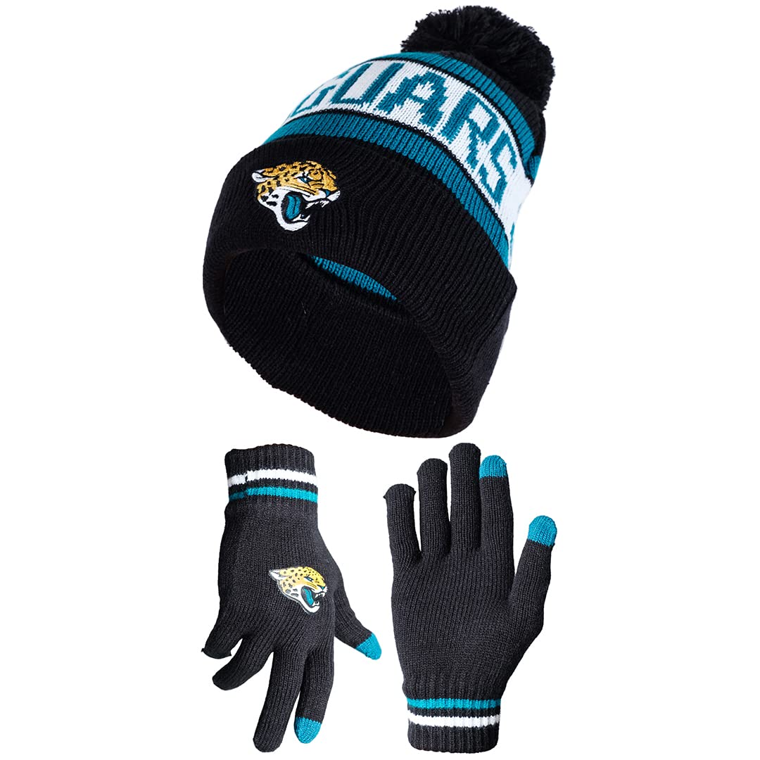 Ultra Game Nfl Mens Womens Super Soft Winter Beanie Knit Hat With Extra Warm Touch Screen Gloves, Jacksonville Jaguars, Team Col