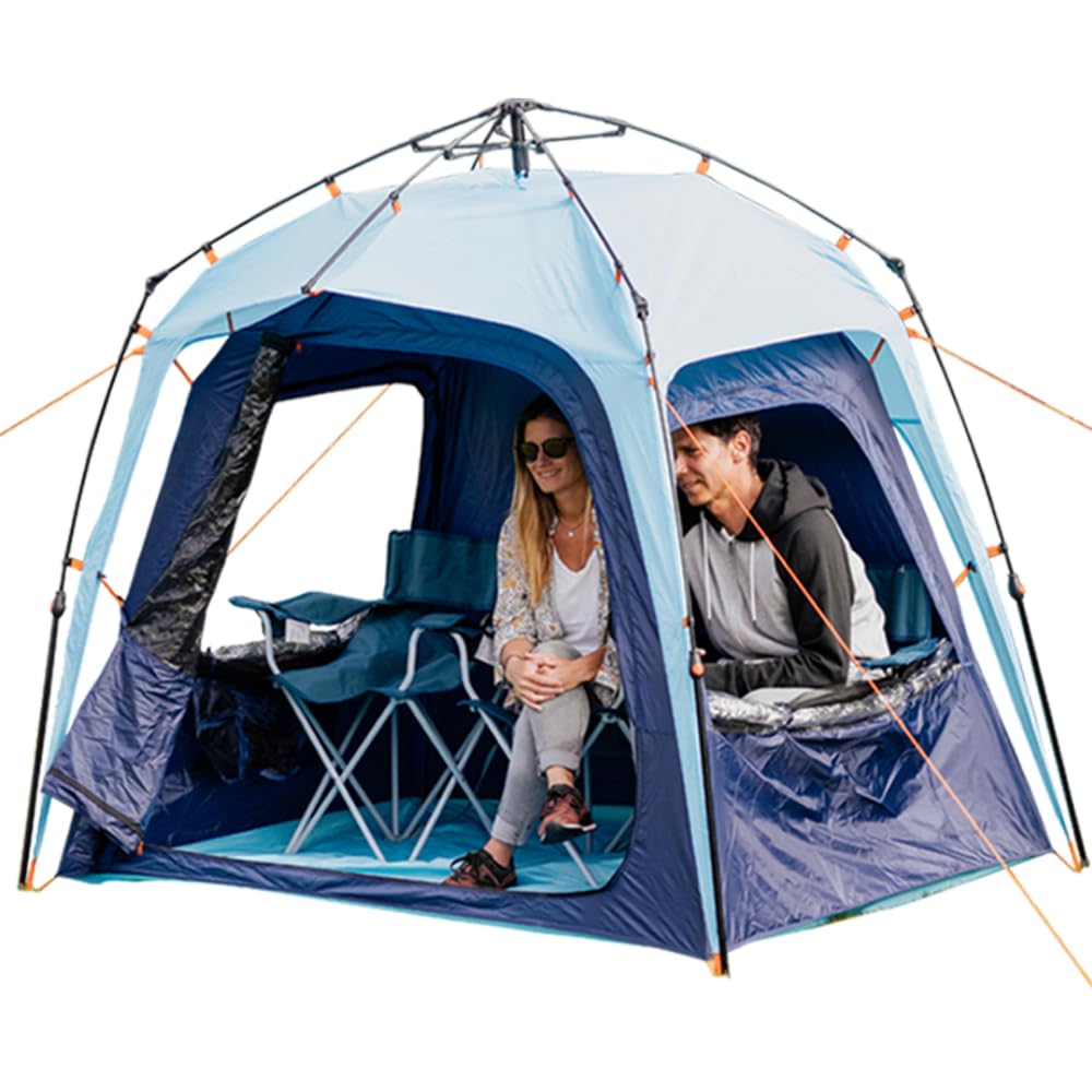 Fofana Pop Up Tents For Camping - 4-Person Dome, Blue - Windproof & Water-Resistant Cold Weather Tent & Pop Up Shelter With 270-
