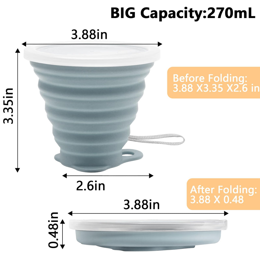 Litoexpe 4 Pack Silicone Collapsible Travel Cup Portable Folding Camping Cup Sets With Lids, Mint Green & Light Gray & Mustard Y