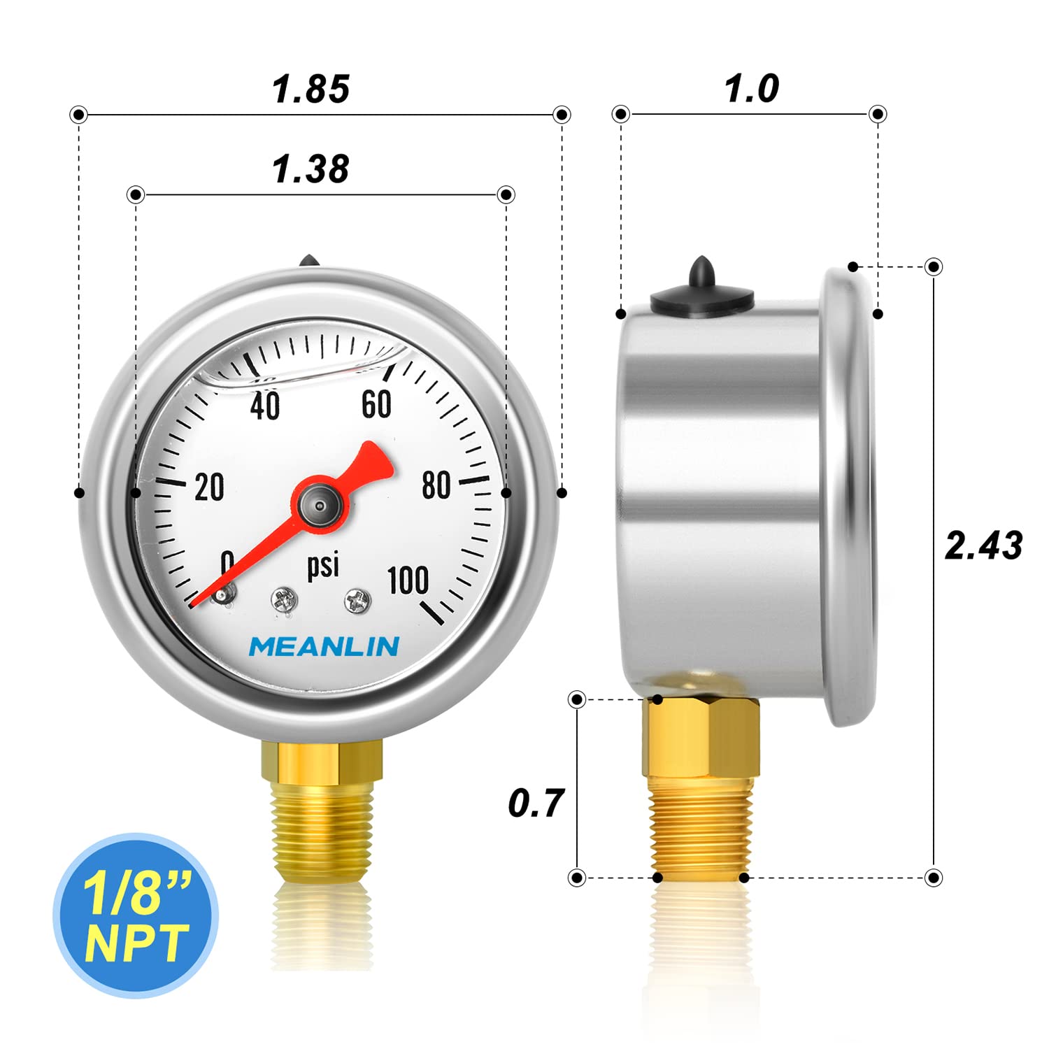 Meanlin Measure 0100Psi Stainless Steel 18 Npt 15 Face Dial, Glycerin Filled Fuel Pressure Gauge, Liquid Filled Pressure Gauge W
