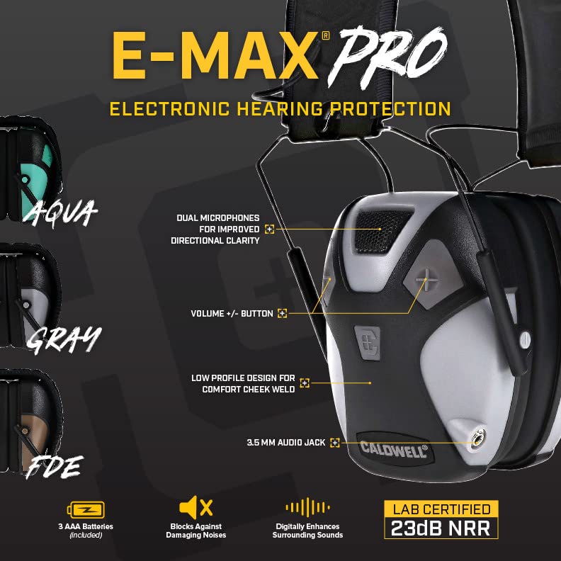 Caldwell E-Max Pro Electronic Hearing Protection 23-24 Nrr - Adjustable Lo Pro Earmuffs For Shooting, Hunting And Range, Brown