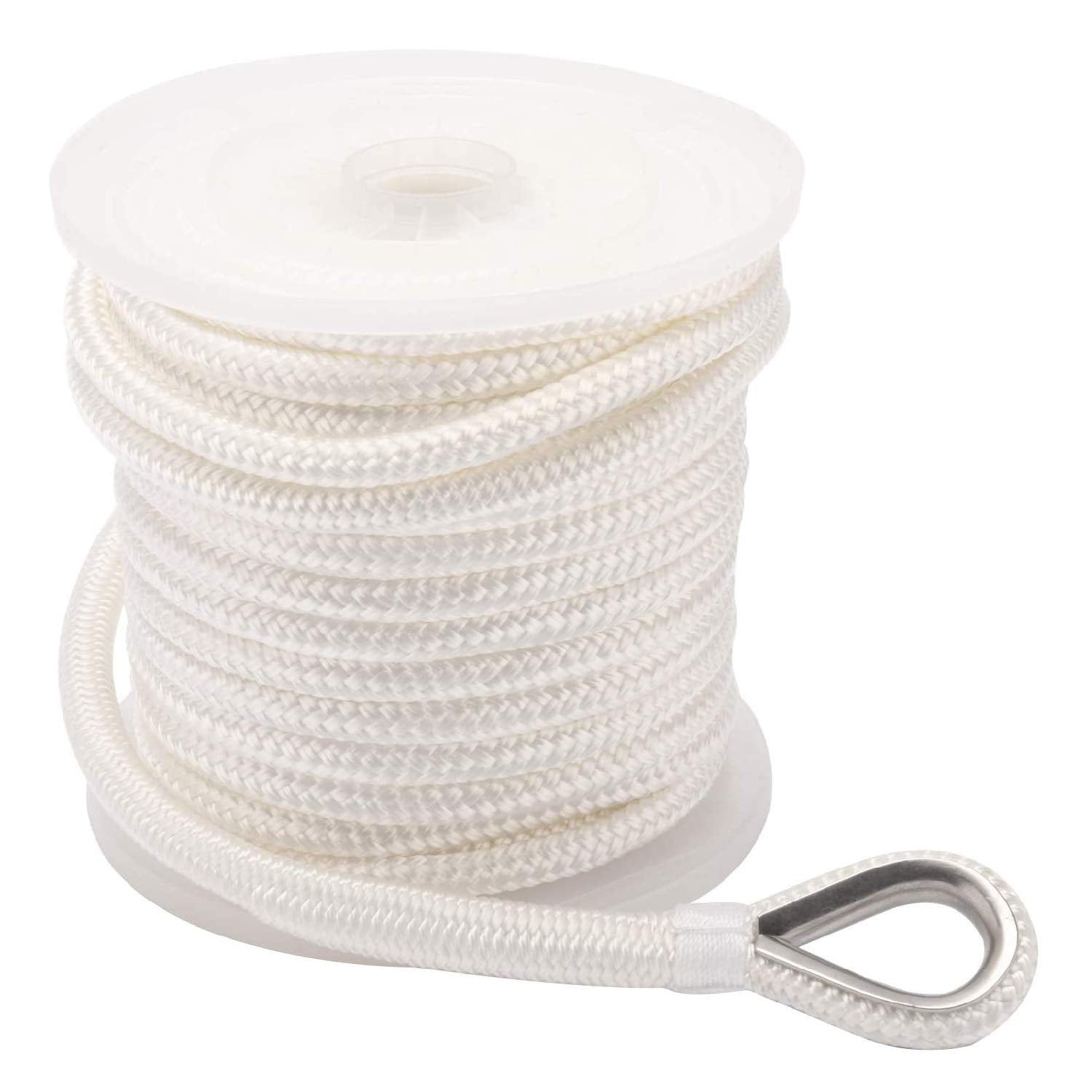 Novelbee 3/8 Inch X 200 Feet Double Braid Nylon Anchor Line With Stainless Steel Thimble And Plastic Chuck (White)