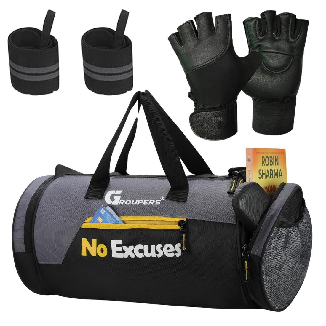 Groupers 2025L Gym & Travel Duffle Bag Combo  Black Sports Overnight Bag (432523 Cm) For Men & Women + 21inch Wrist Wraps & Worko