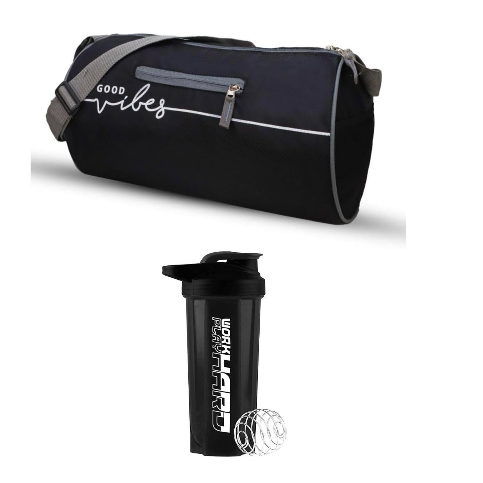 Emmcraz Good Vibes Gym Bag & Work Hard Shaker Bottle  Ultimate Fitness Duo For Motivation, Style, And Daily Grind Energy