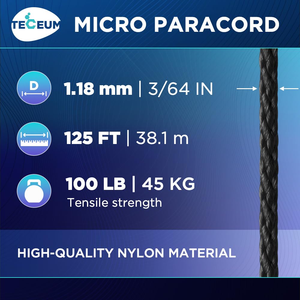 Teceum Micro Paracord - Black - 1.18 Mm X 125 Ft - Micro Utility Cord - Thin Braided Paracord Rope Nylon Polyester - Wind Chime