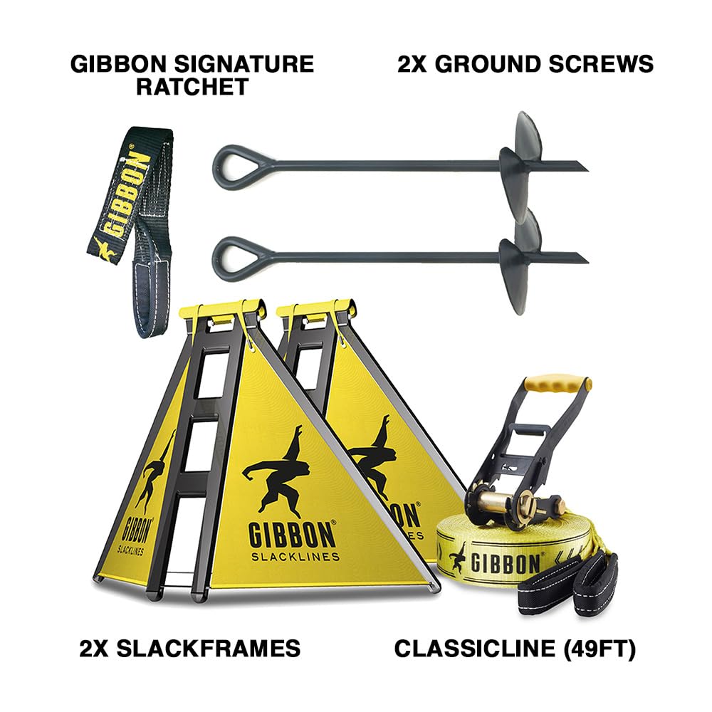 Gibbon Independence Slackline Kit With Classicline, Slackline A Frame X2, Slackline Ground Screw - Slackline Without Trees, Adju