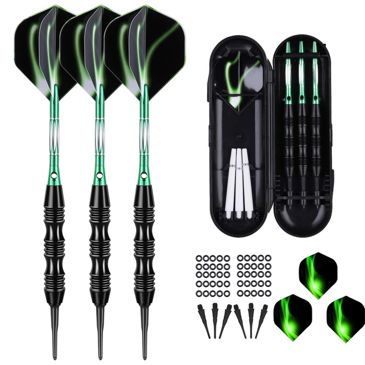 Sanfeng Professional Soft Tip Darts Set 20 Grams W/ 50 O-Rings- 30 Darts Plastic Tip + Green Aluminum Shafts + 6 Standard Flight