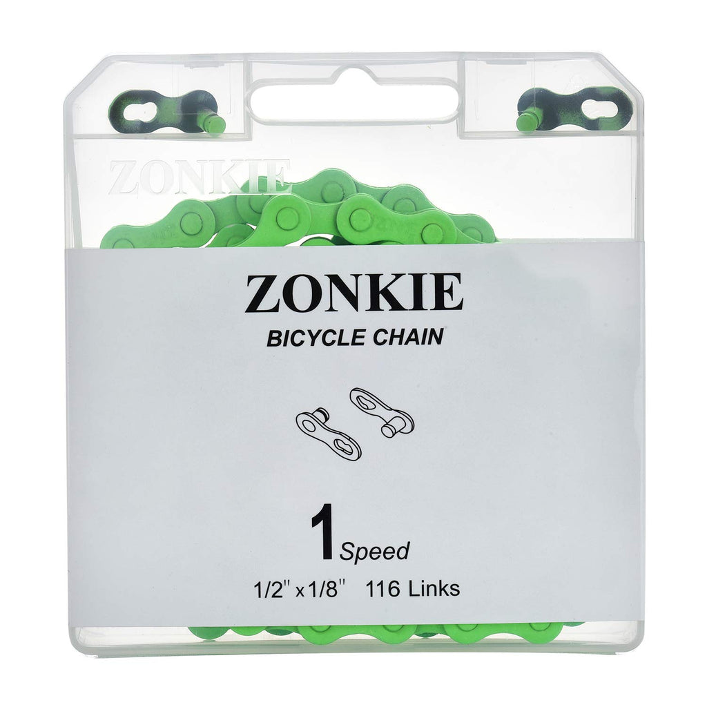Zonkie Single-Speed Bicycle Chain 1/2 X 1/8 Inch 116 Links (Green, 1/2'' 1/8'' 116 Links)