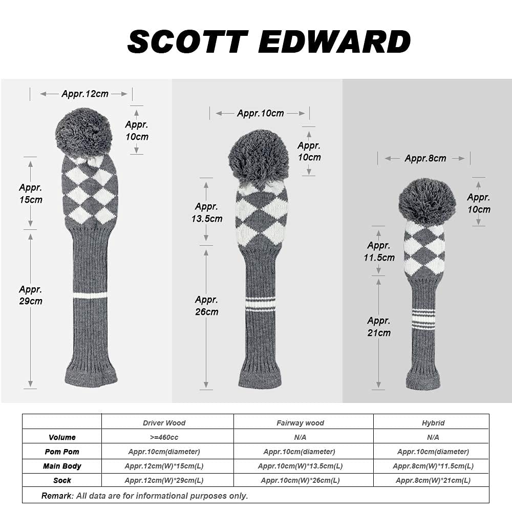 Scott Edward Grey&White Argyles Golf Club Covers Set Of 5 Fit For Driver Wood(460Cc)*1,Fairway Wood*2,And Hybrid(Ut)*2,(Grey&Whi