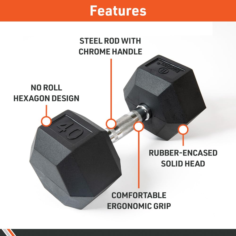 Body Sport Rubber Encased Hex Dumbbell Weight, 60 Lb. (Pair) - Chrome, Anti-Slip Grip For Strength Training - Home Gym & Fitness