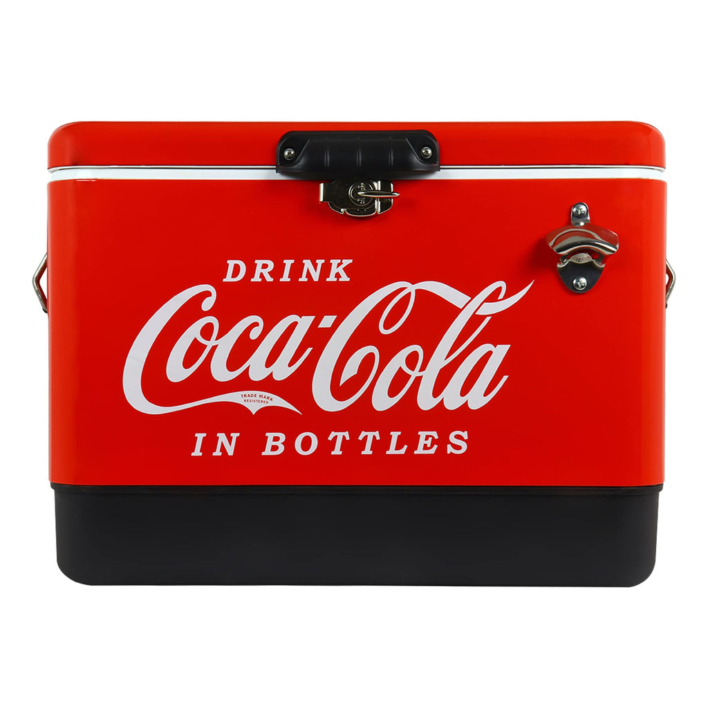 Coca-Cola Ice Chest Beverage Cooler With Bottle Opener, 51L (54 Qt), 85 Can Capacity Portable Cooler, Red And Black, For Camping