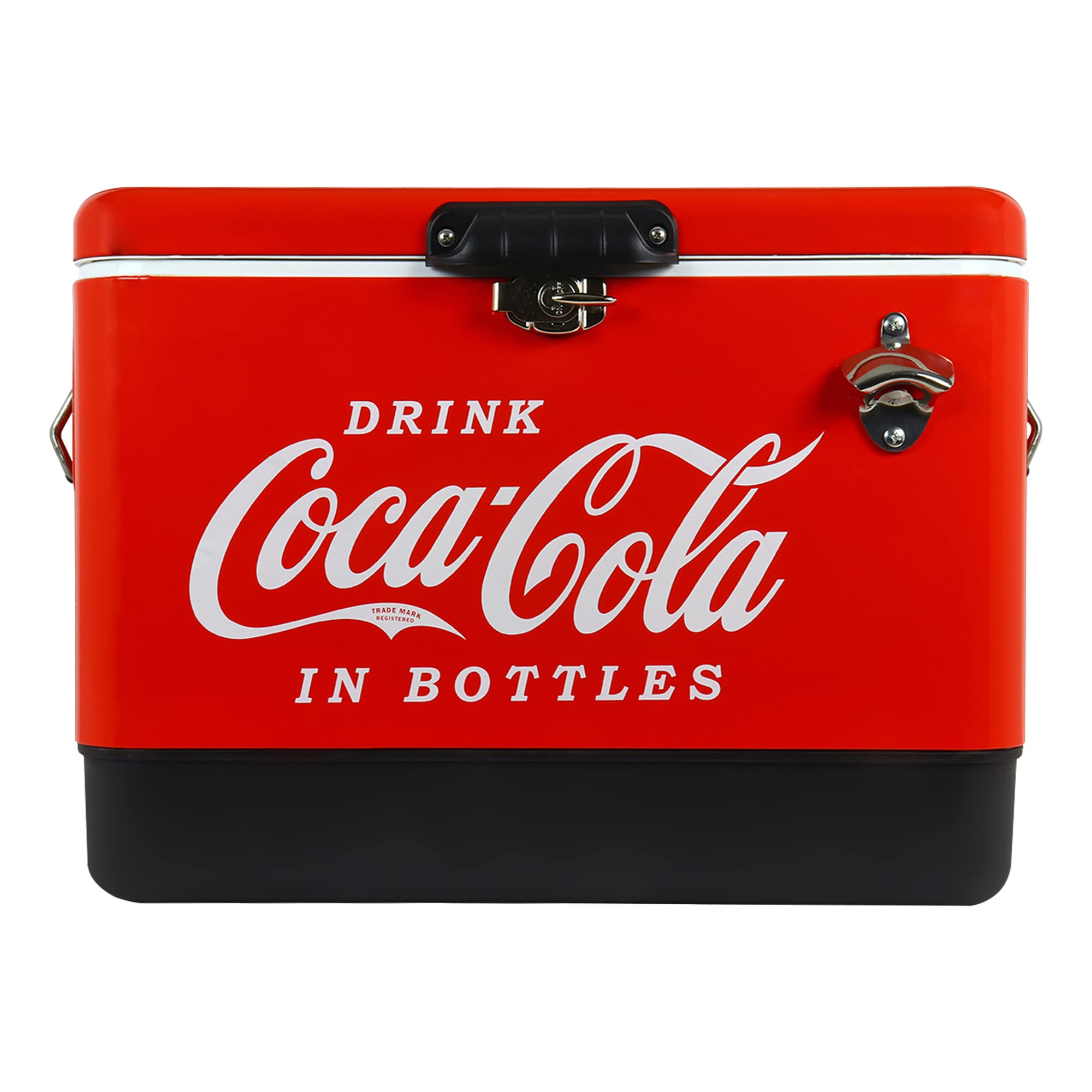 Coca-Cola Ice Chest Beverage Cooler With Bottle Opener, 51L (54 Qt), 85 Can Capacity Portable Cooler, Red And Black, For Camping