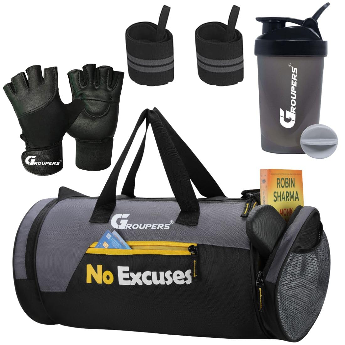 Groupers Gym Bag Combo 2025L  Black Sports & Travel Duffle (432523 Cm) For Men & Women + 21inch Wrist Wraps, Workout Gloves & 400