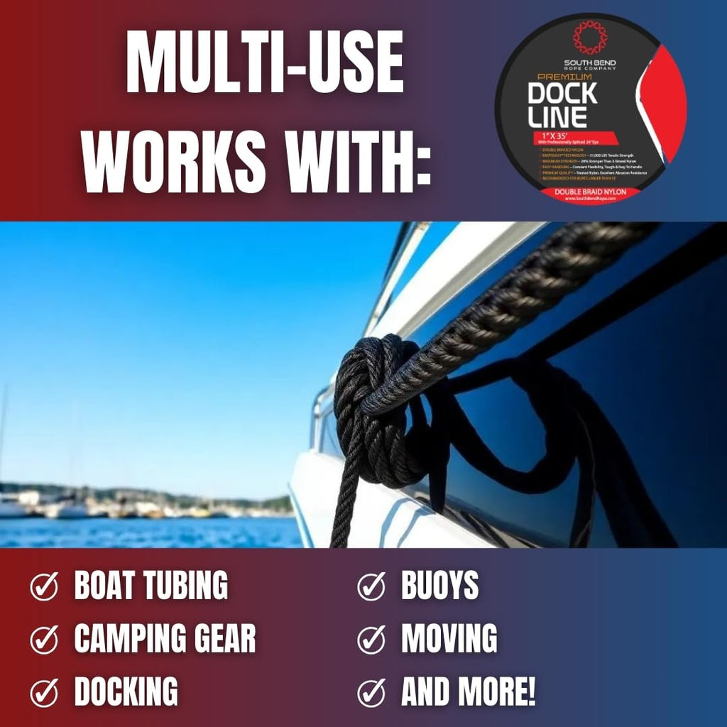 South Bend Rope Marine Grade Double Braided Nylon Dock Line W/Eye Splice (Black, 1-Inch X 35 Feet)