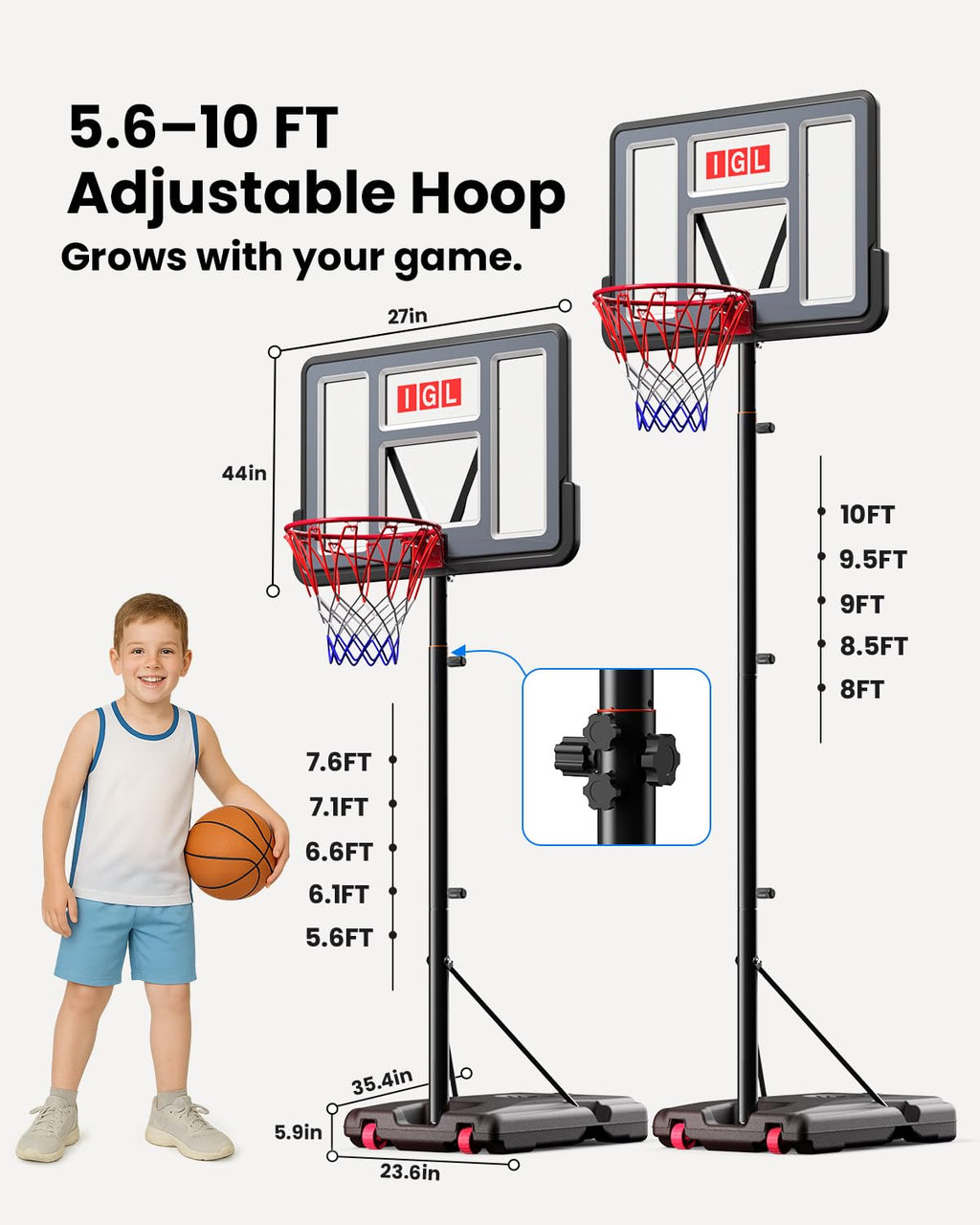 IGL Portable Basketball Hoop, 5.6-10FT Adjustable Basketball Goal System, 44 Inch Outdoor Basketball Hoop & Goals for Kids, Yout
