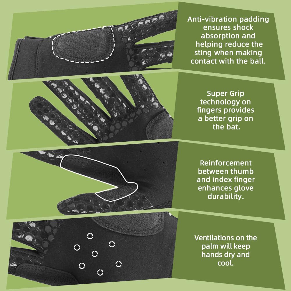 Seibertron B-A-R Pro 2.0 Signature Baseball/Softball Batting Gloves Super Grip Finger Fit For Youth Black L