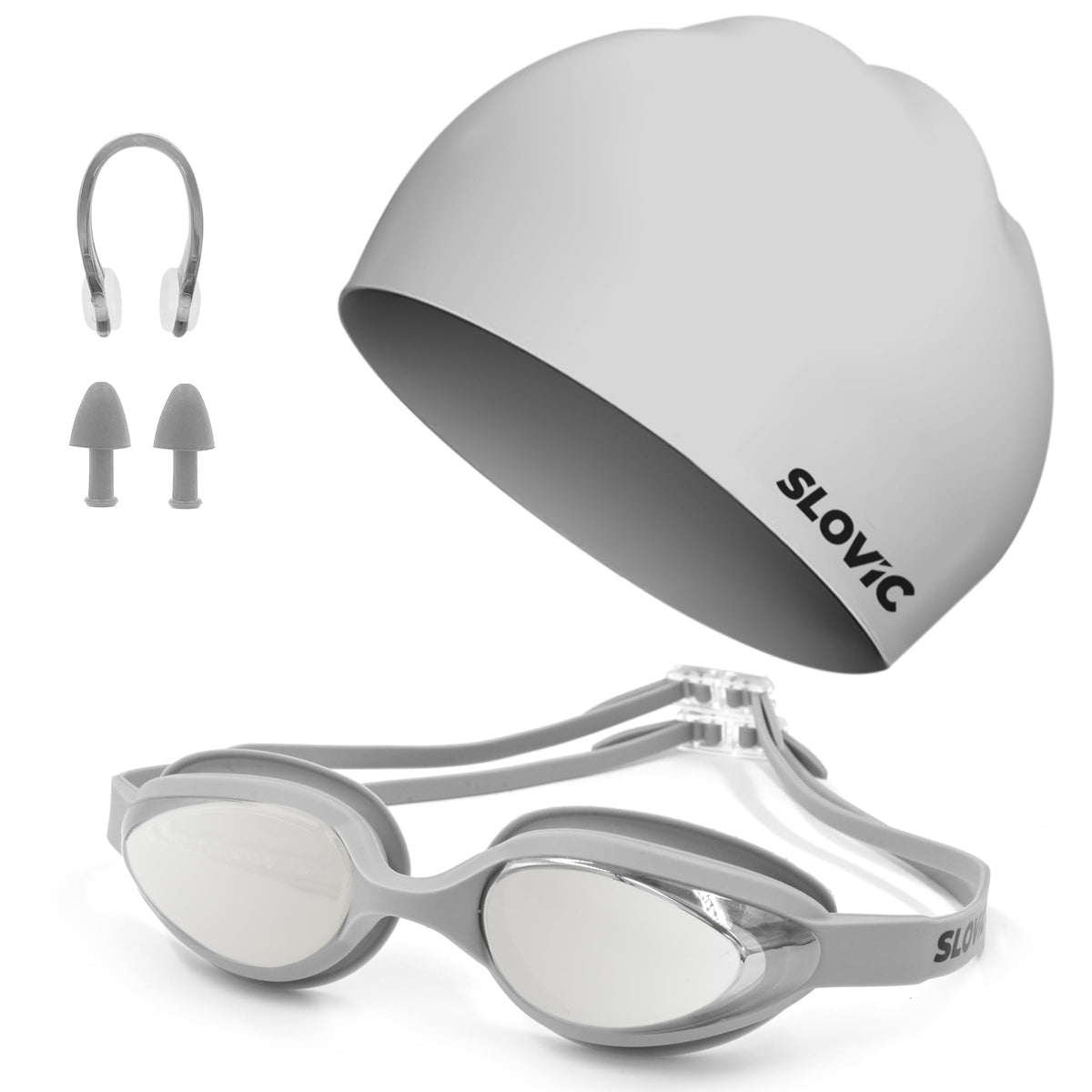 SLOVIC Grey Swimming Goggles & Grey Swimming Caps for Men & Women with Silicon Nose Bridge | Waterproof | Free Size Cap, UVProt
