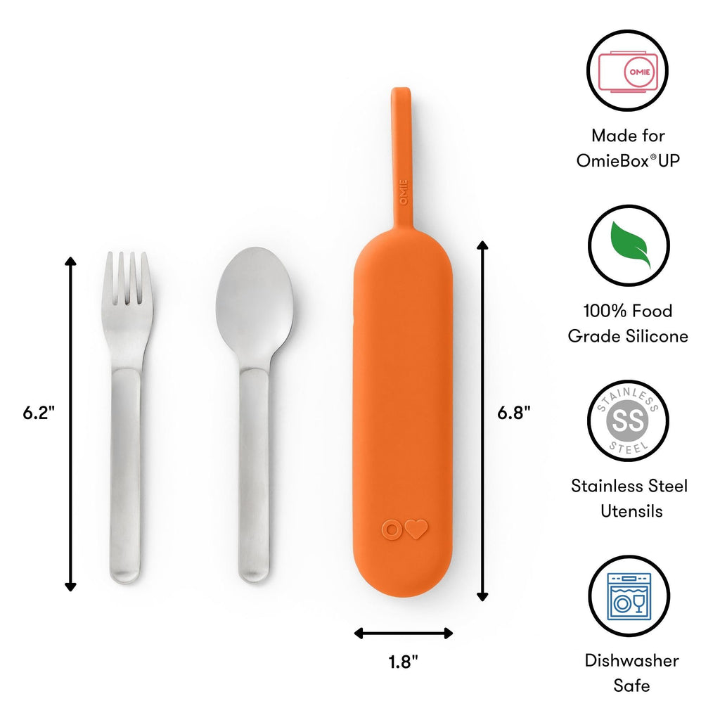 Omie OmieBox Travel Utensil Set | Fork and Spoon with Case for Easy Travel | Stainless Steel Fork and Spoon (Orange)
