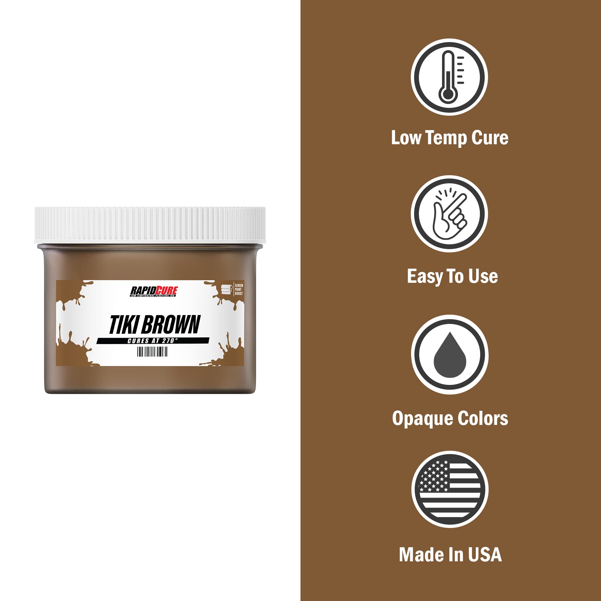 Rapid Curea Tiki Brown Screen Printing Ink (Gallon - 128 Oz) - Plastisol Ink For Screen Printing Fabric - Low Temperature Curing