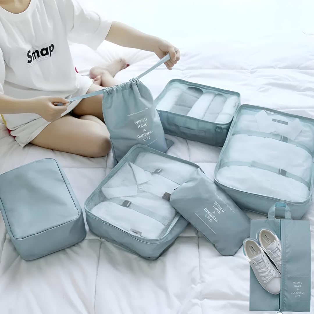 Varenyya Nylon 7 Pcs Travel Organizer Pouch Packing Cubes For Travel Clothes Space Savers Bags Cosmetics/Underwear/Socks/Shoes T